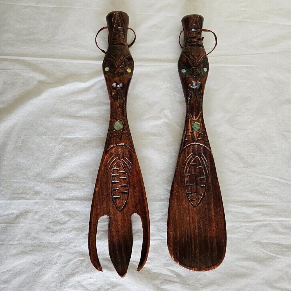 Wood Carved Salad Serving Spoon And Fork Vintage Tribal Maori New Zealand 80s